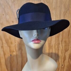 Vintage Kangol Fedora Hat Women's Small (20.5") Wool Navy Blue Feathered Classic